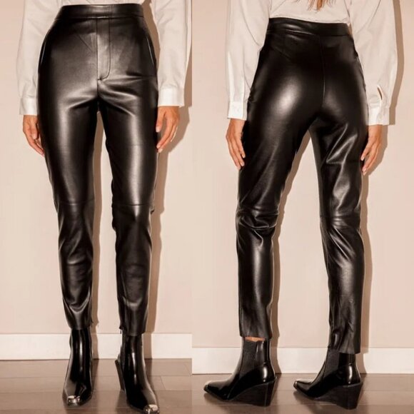 Lulus Vegan Leather Black Trouser Size XS High Rise Zipper Ankle Faux Stride NEW - Picture 2 of 15